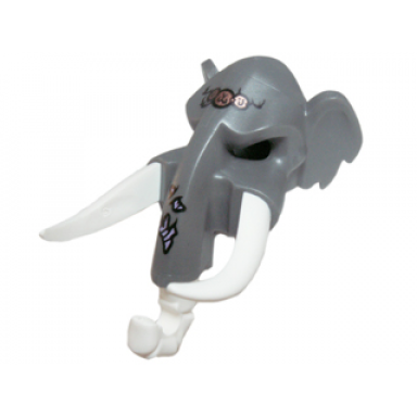 dark bluish gray minifigure headgear mask mammoth with white rubber tusks and trunk with medium lavender sinew patches on trunk and copper forehead pendants pattern