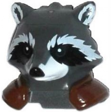 dark bluish gray minifigure head modified raccoon with reddish brown shoulder pads pattern rocket