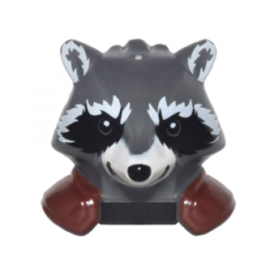 dark bluish gray minifigure head modified raccoon with reddish brown shoulder pads and smile pattern rocket