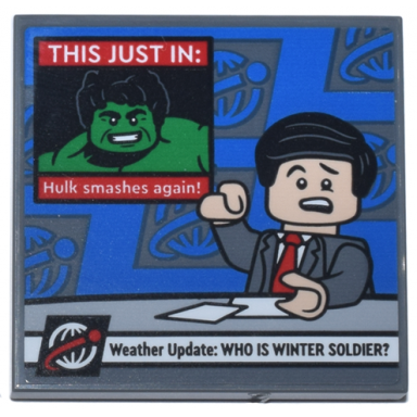 dark bluish gray tile 4 x 4 with tv newscast with news anchor hulk this just in: and weather update: who is the winter soldier? pattern sticker - set 76269