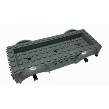 dark bluish gray vehicle base 8 x 16 x 2 1 2 with mudguards raised 4 x 14 recessed center with 3 holes and same color wheels holders