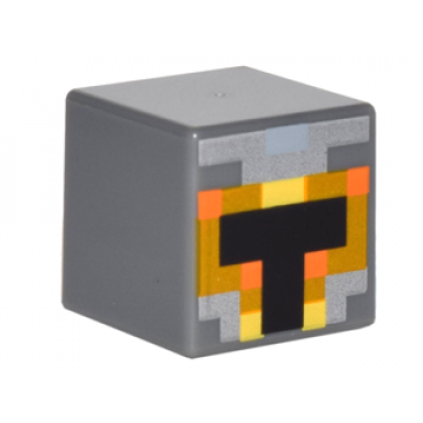 dark bluish gray minifigure head modified cube with pixelated black orange silver and yellow knight helmet pattern minecraft skin