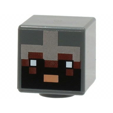 dark bluish gray minifigure head modified cube with pixelated reddish brown face black eyes and beard nougat mouth and silver armor pattern minecraft netherite knight