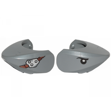 dark bluish gray shark head with rounded nose with metal plate and band on left side black eye with white pupil on right side pattern