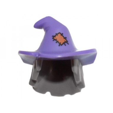 dark bluish gray minifigure hair combo hair with hat mid-length scraggly with molded dark purple floppy witch hat and printed orange patch pattern