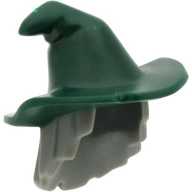 dark bluish gray minifigure hair combo hair with hat mid-length scraggly with molded dark green floppy witch hat pattern bam