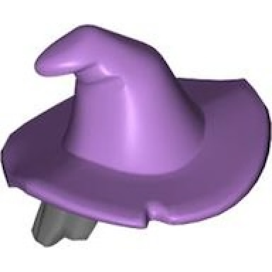 dark bluish gray minifigure hair combo hair with hat mid-length scraggly with molded medium lavender floppy witch hat pattern