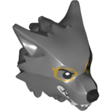 dark bluish gray minifigure head modified wolf smooth hair and brow with black nose and eyebrows white teeth and fangs gold glasses frames pattern
