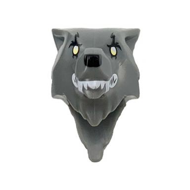 dark bluish gray minifigure head modified wolf smooth hair and brow with black nose and eyebrows white teeth and fangs bright light yellow eyes pattern