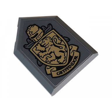 dark bluish gray tile modified 2 x 3 pentagonal with hp gryffindor house crest and helmet pattern sticker - set 76409