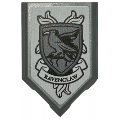 dark bluish gray tile modified 2 x 3 pentagonal with black and dark bluish gray ravenclaw shield banner and raven pattern sticker - set 76411