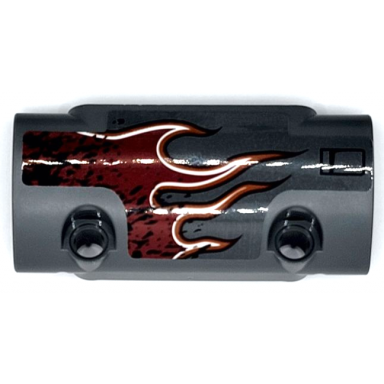 dark bluish gray technic panel curved 7 x 3 with 2 pin holes through panel surface with dark red flames with orange and white outline pattern model left side sticker - set 42090