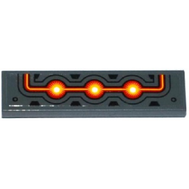 dark bluish gray tile 1 x 4 with fire cores black trapezoids and black red and yellow lines pattern sticker - set 70144