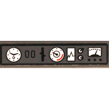 dark bluish gray tile 1 x 4 with dashboard control panel with white gauges and graph and black lever and buttons pattern sticker - set 60216