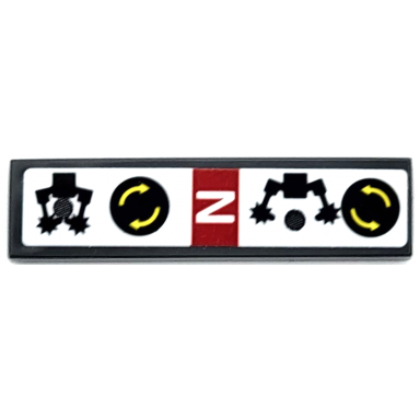 dark bluish gray tile 1 x 4 with black and white circular saw blade operation instructions capital letter n in red rectangle and yellow curved arrows pattern model right side sticker - set 42080