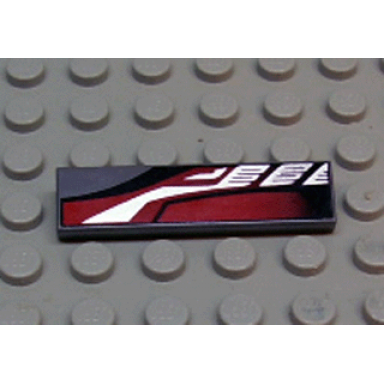 dark bluish gray tile 1 x 4 with sleek silver red and black pattern model left side
