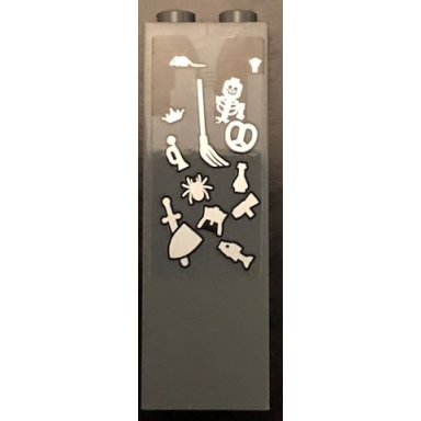 dark bluish gray brick 1 x 2 x 5 with skeleton broom pretzel rat spider fish and crown pattern sticker - set 71043
