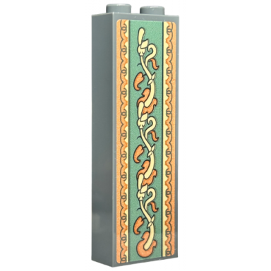 dark bluish gray brick 1 x 2 x 5 with wallpaper orange and tan vines leaves and ornamental geometric border on sand green background pattern sticker - set 40579