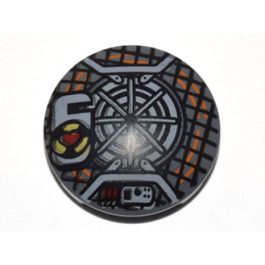 plate round 2 x 2 with rounded bottom boat stud with grid black and orange concentric circles and red heart proton pack pattern
