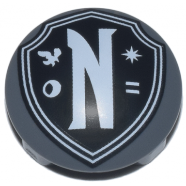 dark bluish gray plate round 2 x 2 with rounded bottom boat stud with black nevermore academy shield emblem with white border letter n raven moon star and equal sign pattern