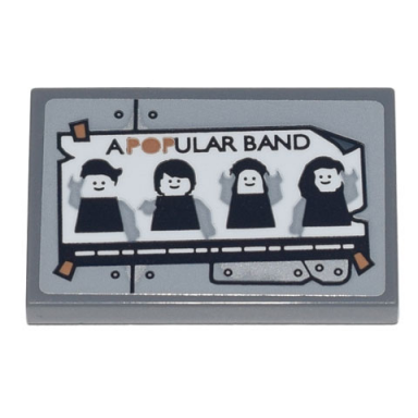 dark bluish gray tile 2 x 3 with poster of a popular band and 4 minifigures over silver metal plates and rivets pattern sticker - set 70840