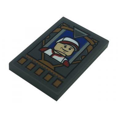 dark bluish gray tile 2 x 3 with minifigure with white and red cap pattern sticker - set 21328