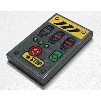 dark bluish gray tile 2 x 3 with red emergency stop button black danger stripes green lights and power switch pattern sticker - set 42097