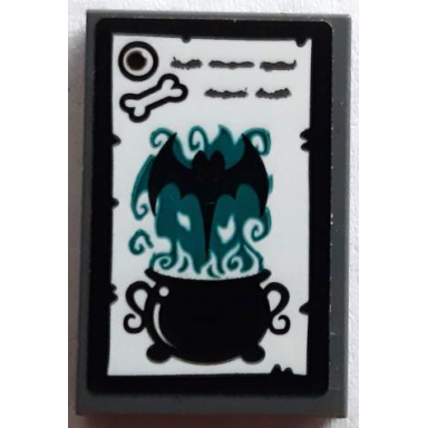 dark bluish gray tile 2 x 3 with black cauldron eye bone and bat and dark turquoise flames pattern sticker - set 41195