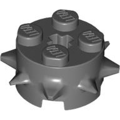 dark bluish gray brick round 2 x 2 with spikes and axle hole