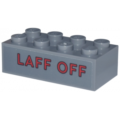 dark bluish gray brick 2 x 4 with red laff off with black outline pattern sticker - set 76271