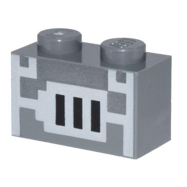 dark bluish gray brick 1 x 2 with minecraft pixelated blast furnace with silver door and 3 black rectangles pattern