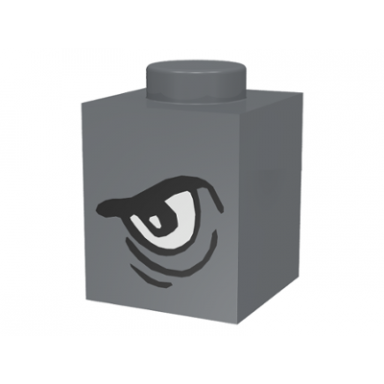 dark bluish gray brick 1 x 1 with angry black eyebrow and white eye left pattern