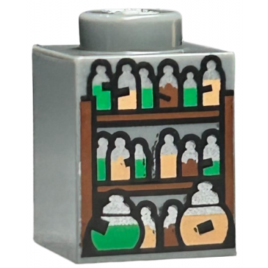 dark bluish gray brick 1 x 1 with shelves and potion bottles with black labels silver tops and green nougat and reddish brown contents pattern