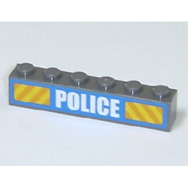dark bluish gray brick 1 x 6 with white police bold narrow font and yellow diagonal stripes on blue pattern sticker - set 7743