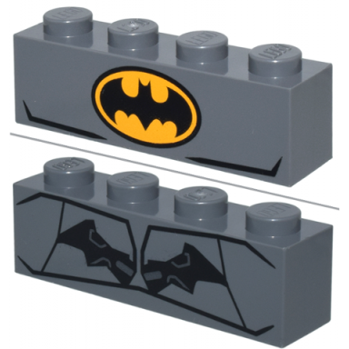 dark bluish gray brick 1 x 4 with bat on bright light orange oval batman logo black and silver with lines pattern brickheadz batman the animated series the batman chest