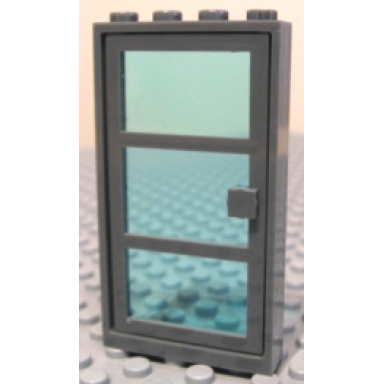 dark bluish gray door frame 1 x 4 x 6 with 4 holes on top and bottom with dark bluish gray door with 3 panes and square handle with fixed trans-light blue glass 30179 x39c01