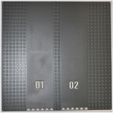 dark bluish gray baseplate road 32 x 32 7-stud straight with double driveway with 01 and 02 and white triangles pattern stickers - set 7498