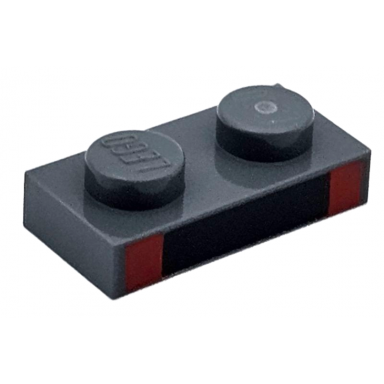 dark bluish gray plate 1 x 2 with black rectangle and 2 red squares pattern