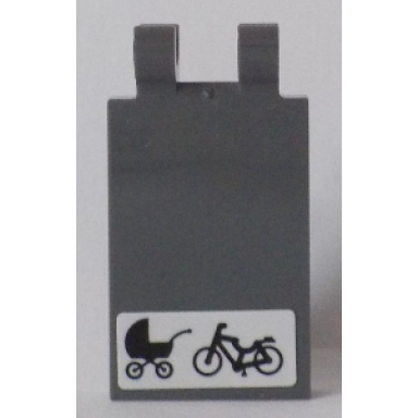 dark bluish gray tile modified 2 x 3 with 2 clips with black baby carriage and bicycle on white background pattern sticker - set 60154