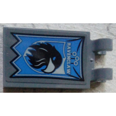 dark bluish gray tile modified 2 x 3 with 2 clips with ravenclaw and bird banner pattern sticker - set 75956