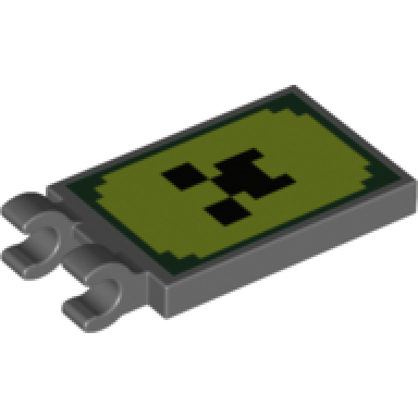 dark bluish gray tile modified 2 x 3 with 2 clips with black pixelated face on lime and green background pattern minecraft