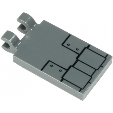 dark bluish gray tile modified 2 x 3 with 2 clips with metal plates with black border and 4 rivets pattern