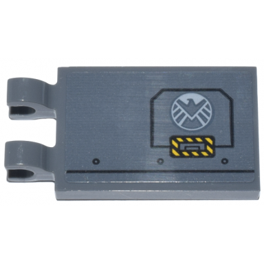 dark bluish gray tile modified 2 x 3 with 2 open o clips with panel with white eagle shield logo and black and yellow danger stripes pattern model left side sticker - set 76269
