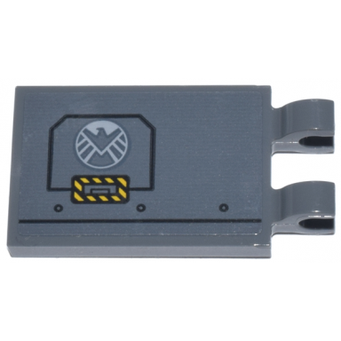 dark bluish gray tile modified 2 x 3 with 2 open o clips with panel with white eagle shield logo and black and yellow danger stripes pattern model right side sticker - set 76269