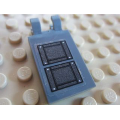 dark bluish gray tile modified 2 x 3 with 2 clips with black and pearl dark gray boxes with white corner rivets pattern sticker - set 7753