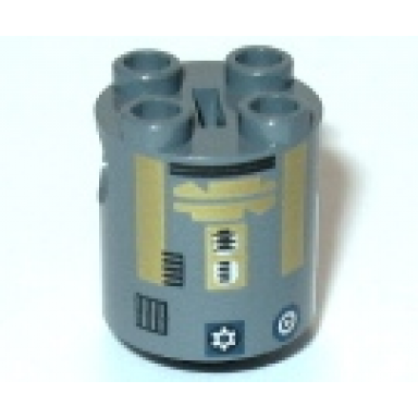 dark bluish gray brick round 2 x 2 x 2 robot body with bottom axle holder x shape orientation with gold pattern sw r8-b7