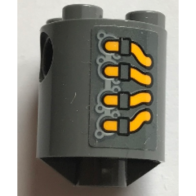 dark bluish gray brick round 2 x 2 x 2 robot body with bottom axle holder x shape orientation with yellow and dark bluish gray vehicle exhaust pipes pattern on both sides stickers - set 70913