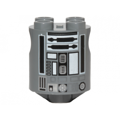 dark bluish gray brick round 2 x 2 x 2 robot body with white lines and black and silver pattern r2-q2