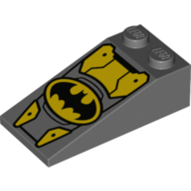 dark bluish gray slope 18 4 x 2 with oval batman logo and yellow armor plates pattern