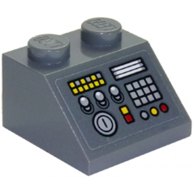 dark bluish gray slope 45 2 x 2 with 3 levers key lock and controls pattern sticker - set 70910